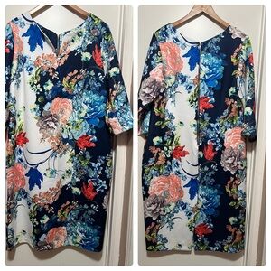 Roz & Ali Size 16 Multicolor Floral Sheath Dress Sweetheart Neckline 3/4 Sleeve
